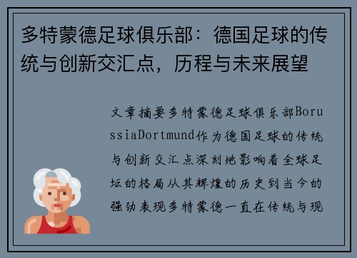多特蒙德足球俱乐部：德国足球的传统与创新交汇点，历程与未来展望