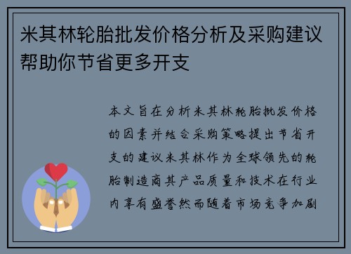 米其林轮胎批发价格分析及采购建议帮助你节省更多开支